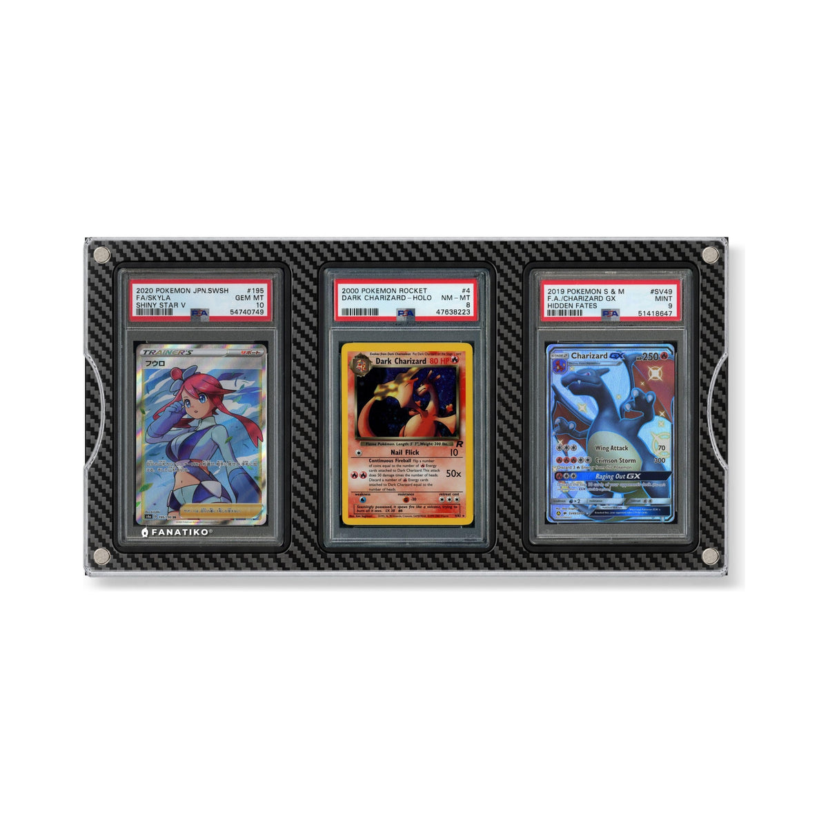 Fanatiko Pro wall display for 3 PSA or CGC graded cards with acrylic front