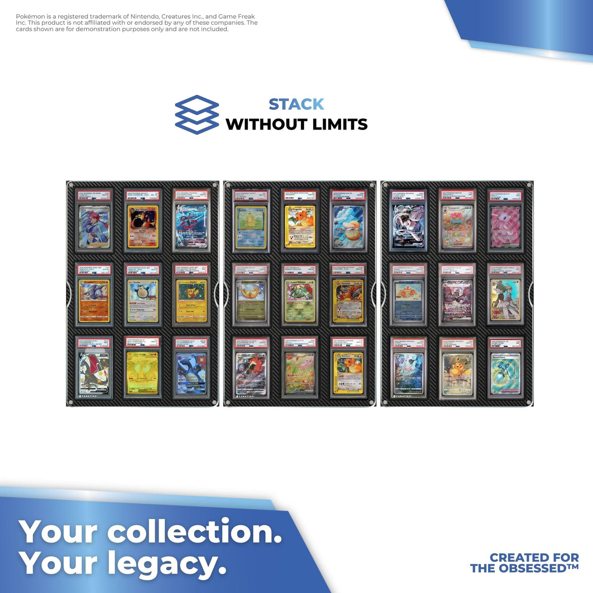 Several graded card displays stacked on the wall