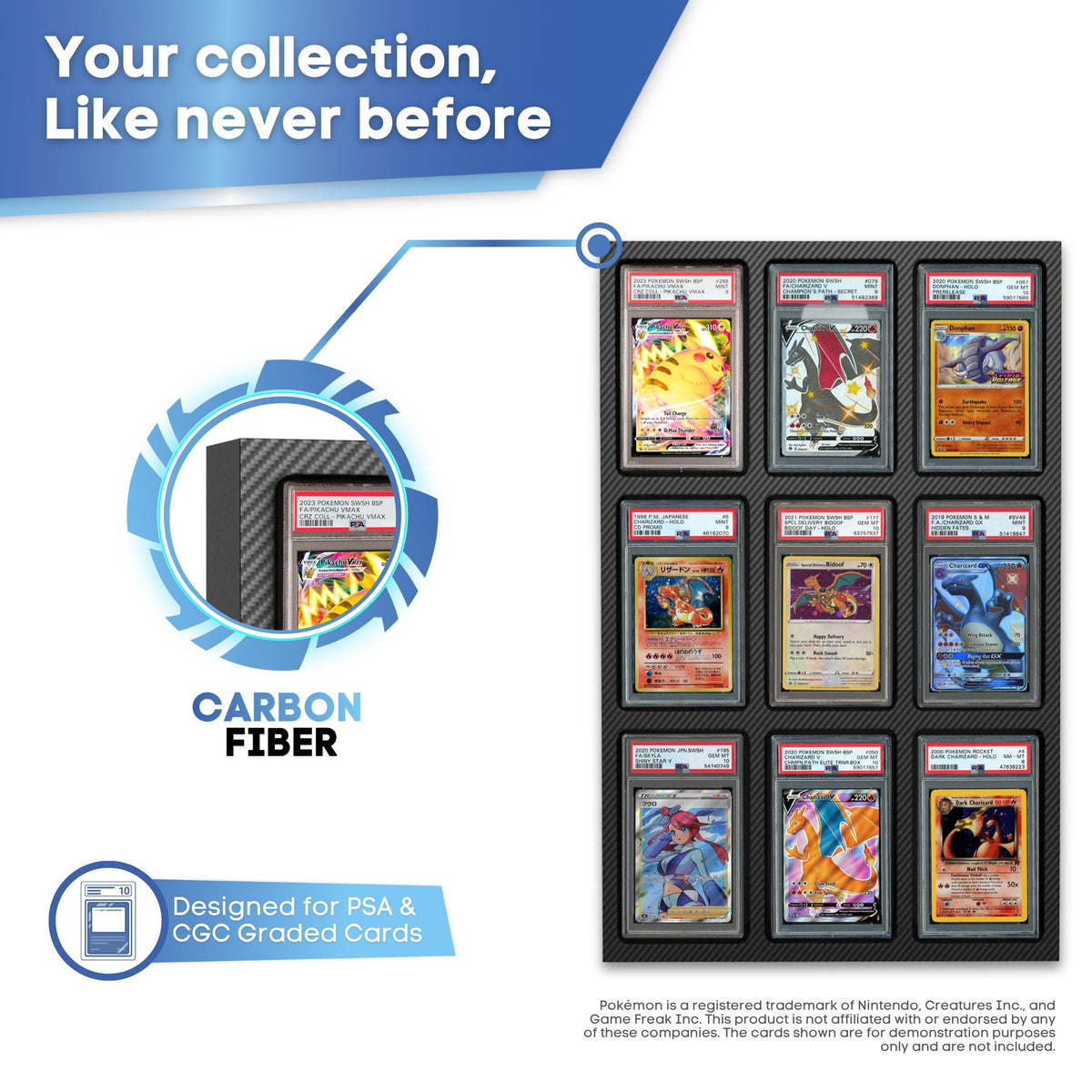 Graded card display with carbon fibre finish, designed for PSA and CGC slabs