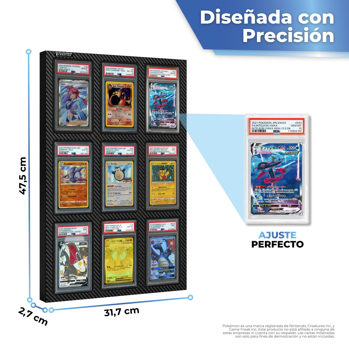 Medidas del expositor para 9 cartas gradeadas: 47,5 x 31,7 x 2,7 cm