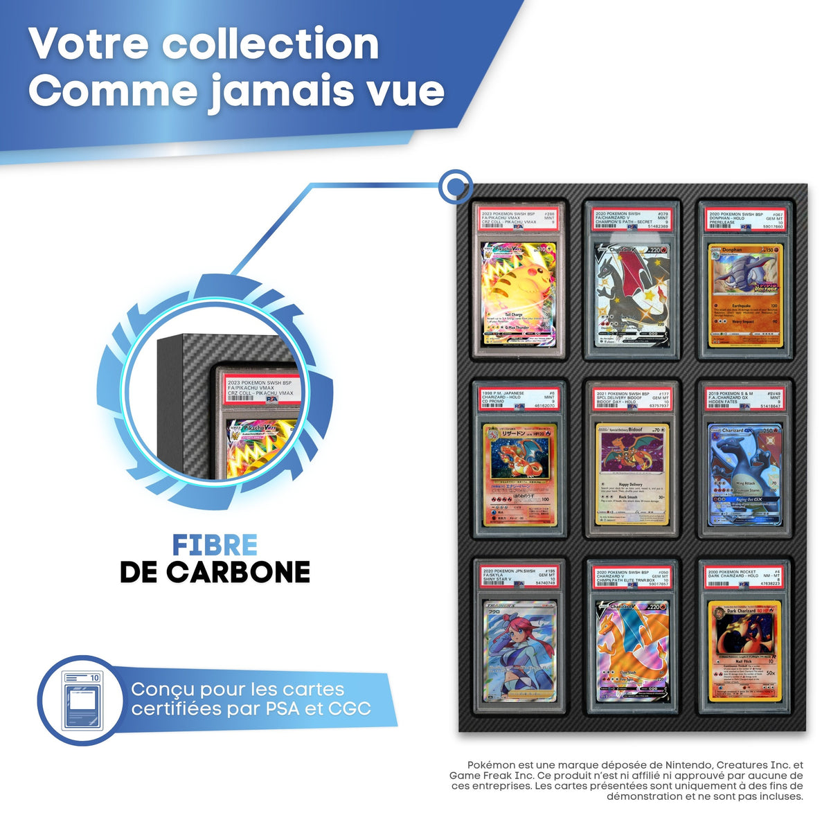 Présentoir pour cartes gradées finition fibre de carbone, conçu pour les slabs PSA et CGC