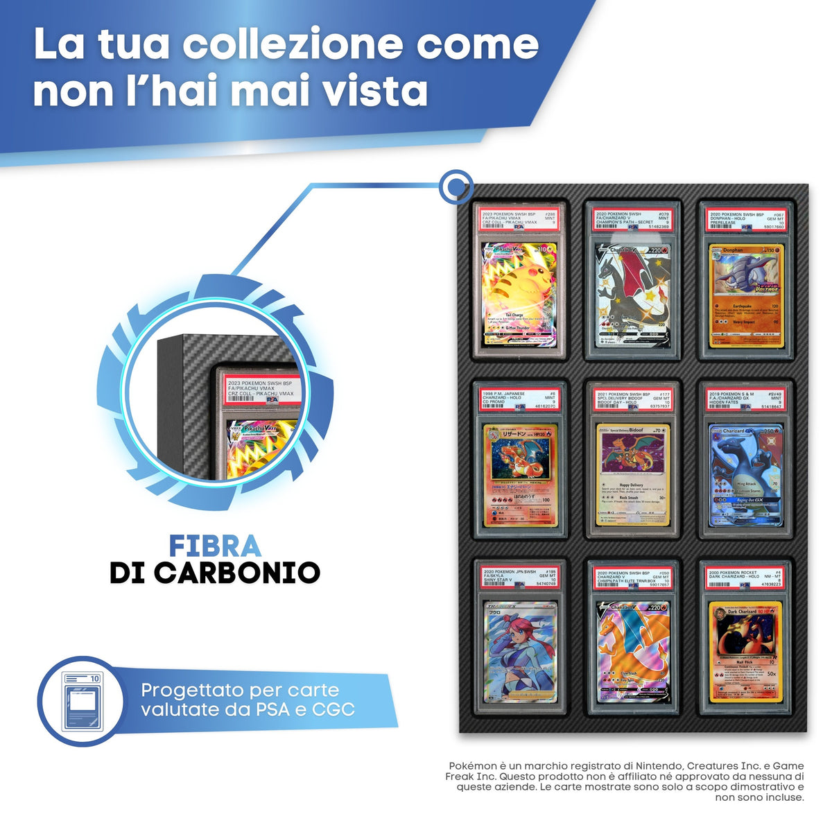 Espositore per carte gradate con finitura in fibra di carbonio, per slab PSA e CGC
