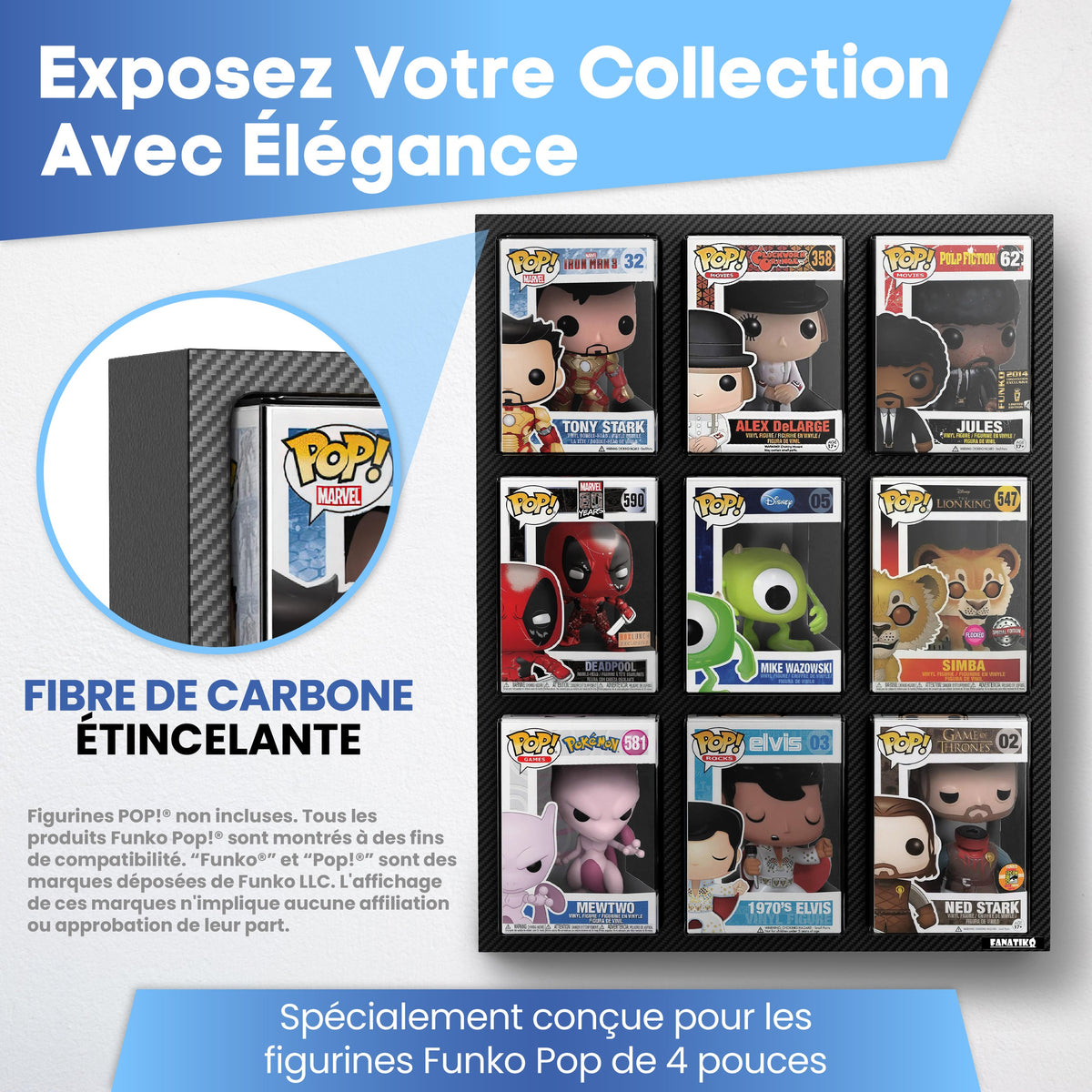 Vitrine pour 9 Funko Pop 4" finition fibre de carbone