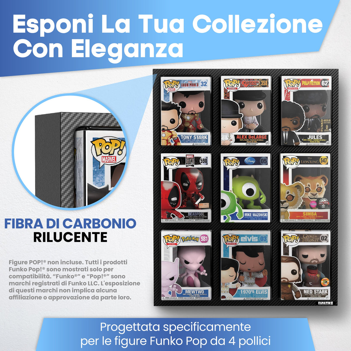 Vetrina per 9 Funko Pop da 4" con finitura in fibra di carbonio