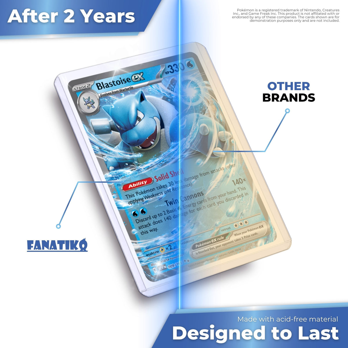 Acid-free Fanatiko toploader still clear after 2 years next to another brand
